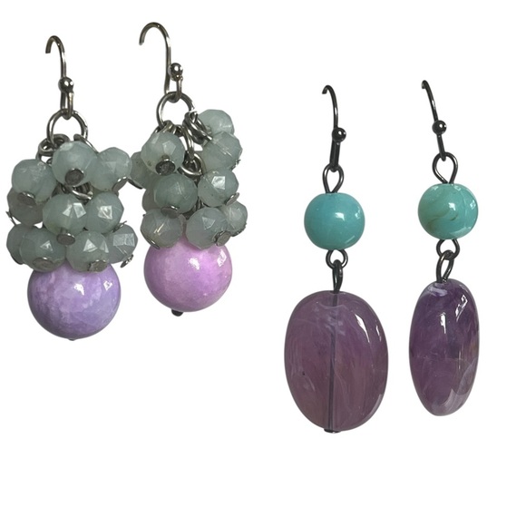 Set of 2 Pairs Purple Beaded Pierced Dangle Earrings Fishhook - Picture 1 of 6